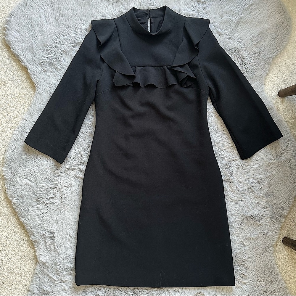 Banana Republic Women’s Black Ruffle Yoke Bi-Stretch Shift Dress 3/4 Sleeve 2